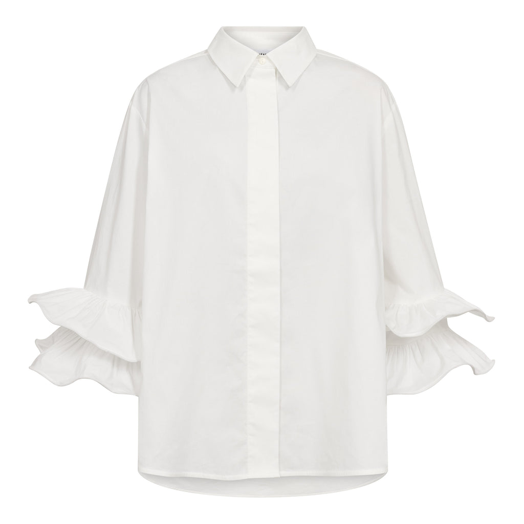 HalenCC Flare Shirt on rento paitapusero frillahihoilla. Kevyesti oversize-malli, 3/4-hihat ja joustava puuvillasekoite. Valkoinen ja vaaleansininen.