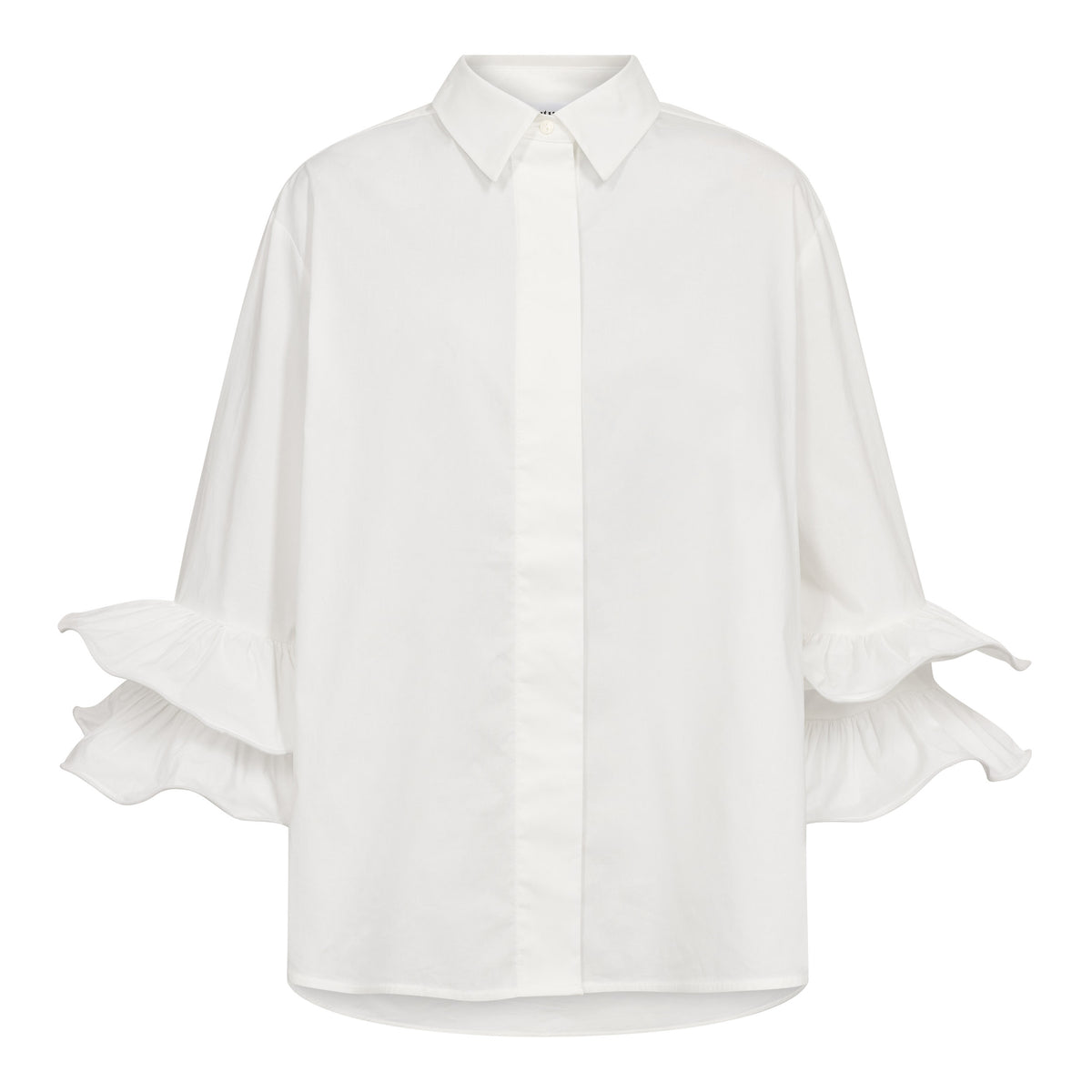 HalenCC Flare Shirt on rento paitapusero frillahihoilla. Kevyesti oversize-malli, 3/4-hihat ja joustava puuvillasekoite. Valkoinen ja vaaleansininen.