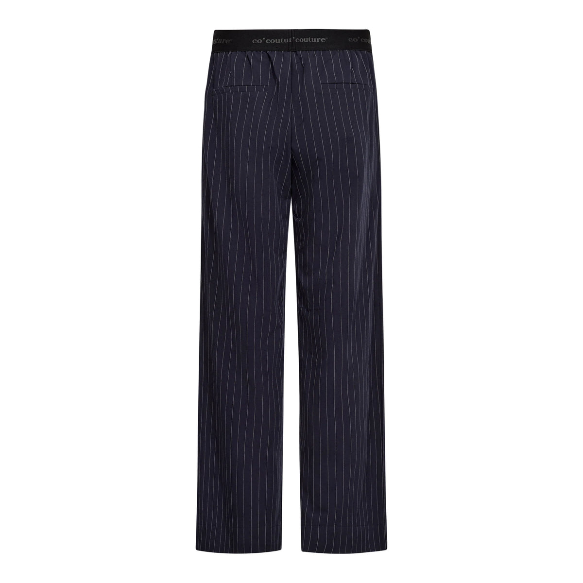 Co’Couture LicaCC Pin Pant -housut tummansinisellä liituraitakuosilla. Korkea vyötärö, leveät lahkeet ja mukava kuminauharesori.