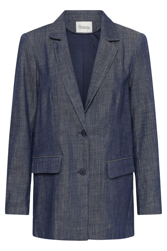 Blazer, jossa normaali istuvuus, yksirivinapitus. Tummansininen elävä pinta. Naisten mitoitus