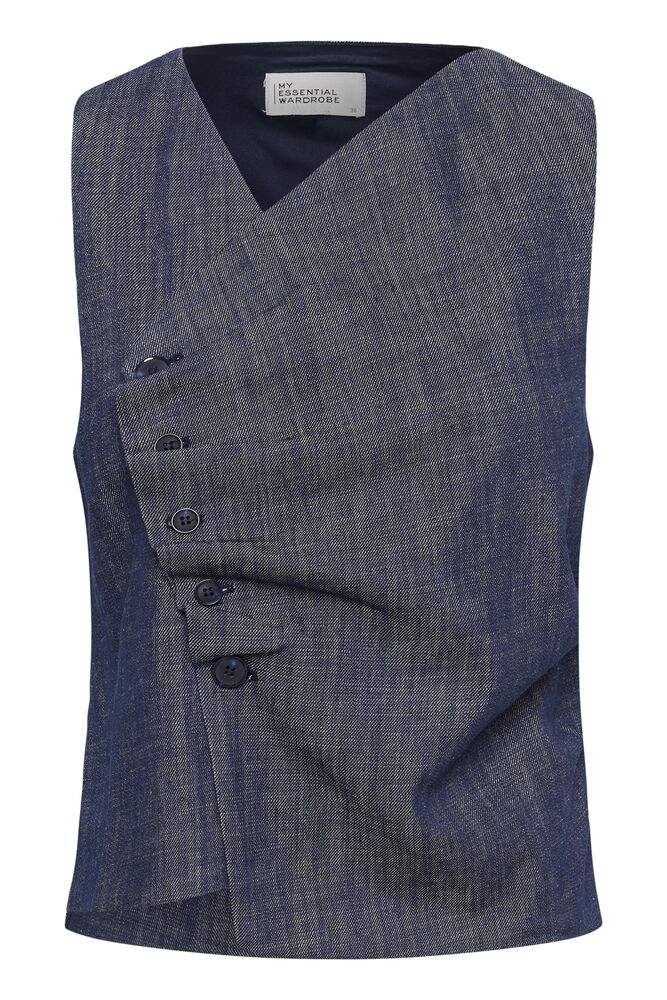 Tummansininen farkkuliivi, epäsymmetrisellä nappikiinnityksellä. Kaunis ja naisellinen istuva malli.