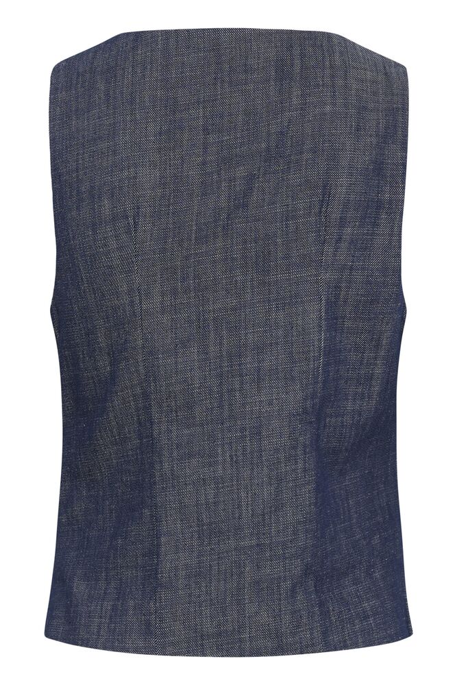 Tummansininen farkkuliivi, epäsymmetrisellä nappikiinnityksellä. Kaunis ja naisellinen istuva malli.