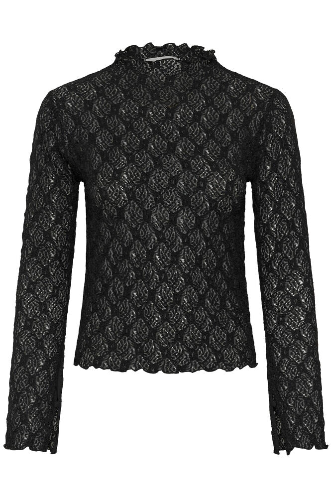 MWEtta Turtleneck Blouse on ohut musta läpikuultava pitsityylinen paita. Vartalonmyötäinen malli, poolokaulus ja kevyesti levenevät hihat.
