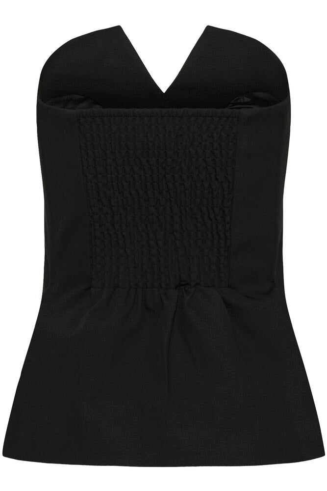 Musta MWEvelina Shaped Top -toppi olkaimettomalla mallilla, vyötäröltä laskeutuvilla vekillä ja selän smokkirypytyksellä.