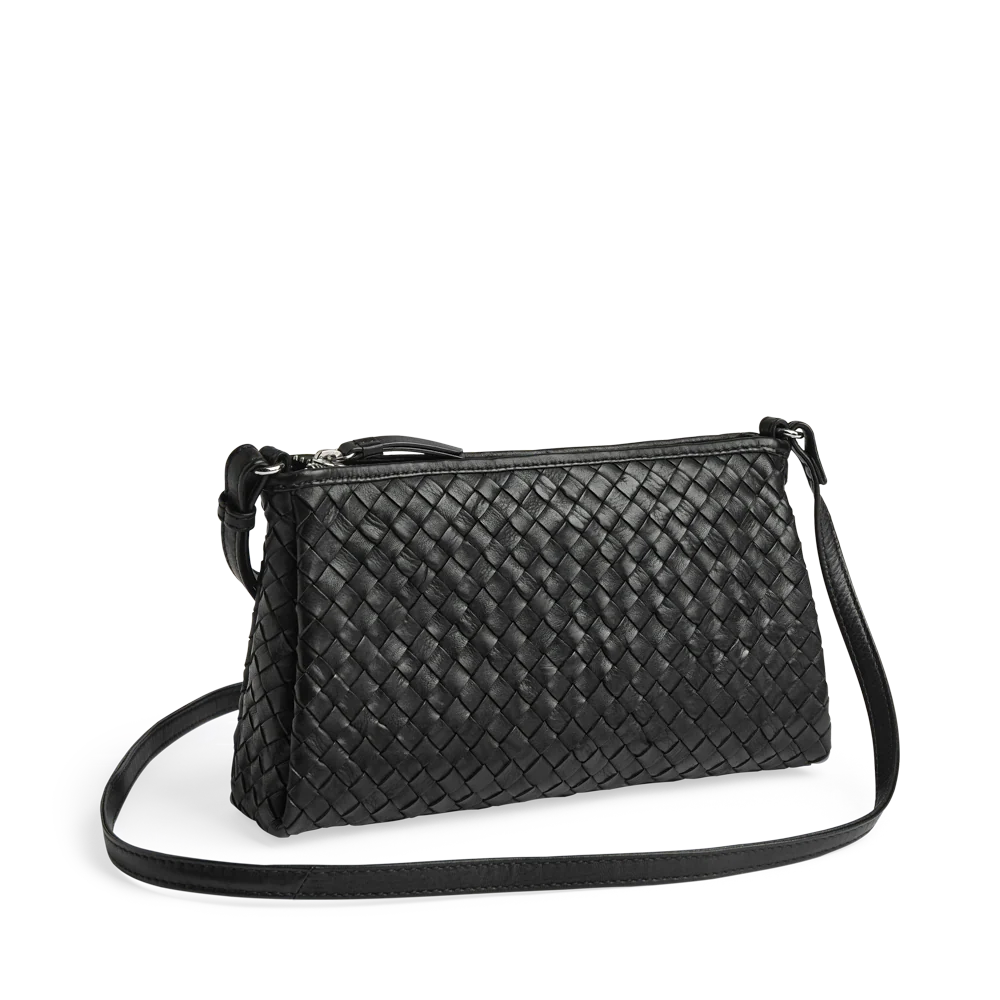 Markberg MarciMBG on kompakti musta nahkalaukku säädettävällä crossbody-hihnalla. Vetoketjukiinnitys ja sisätasku pitävät tärkeät tavarat mukana.
