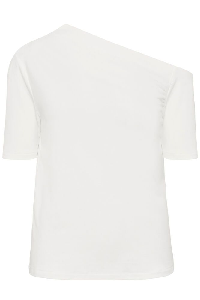 My Essential Wardroben t-paita tuo särmää ja naisellisuutta arkeen ja juhlaan. Epäsymmetrinen, olkapään paljastava pääntie ja slim fit -leikkaus luovat kauniin siluetin. Vasemmassa hihassa oleva rypytys tuo kiinnostavaa yksityiskohtaa ja viimeistelee ilmeen.