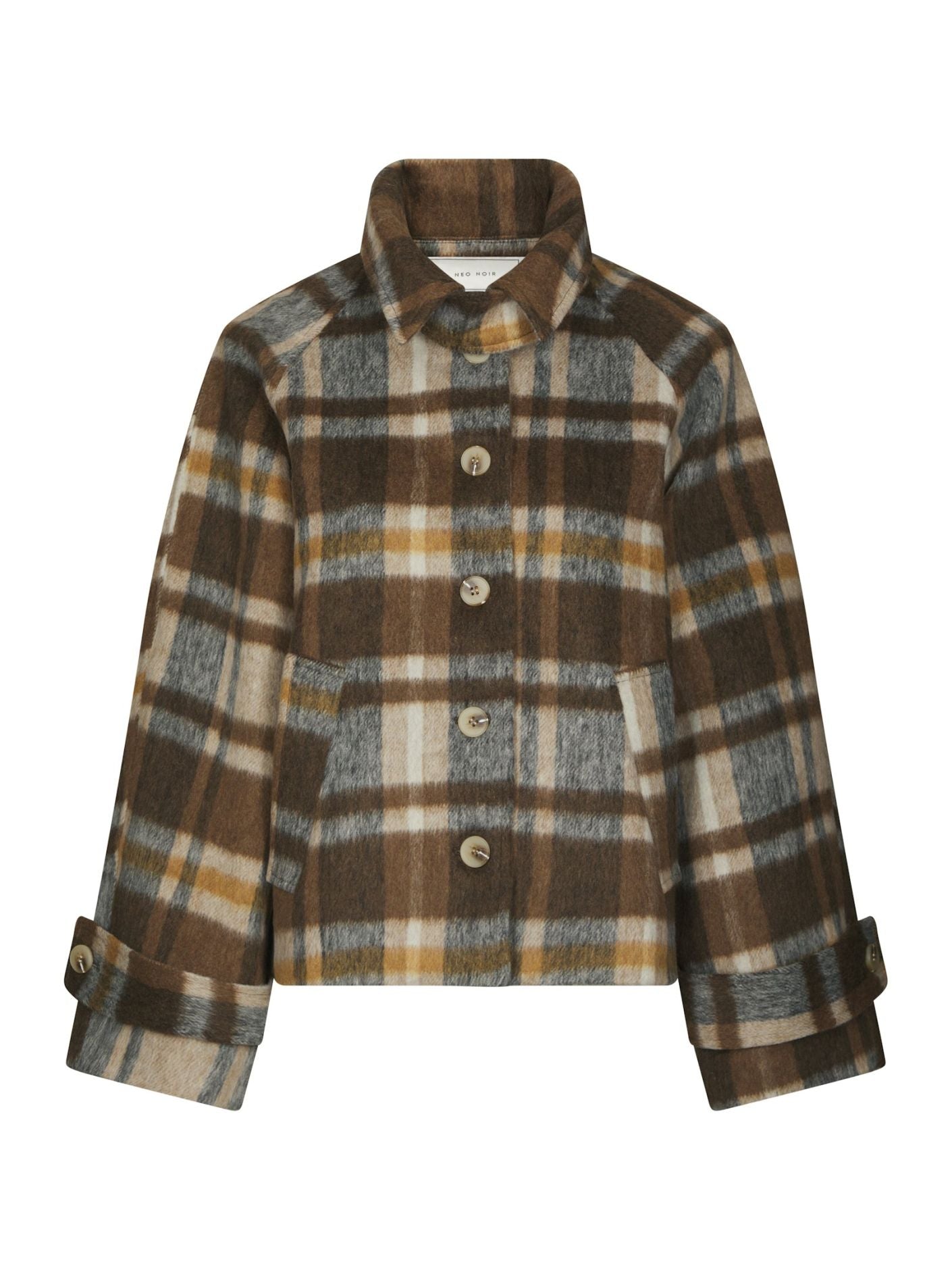 Neo Noir Quinn Check Jacket on väljä ruututakki lämpimässä camel-sävyssä. Oversize-malli on helppo kerrostaa neuleiden kanssa syksyllä.