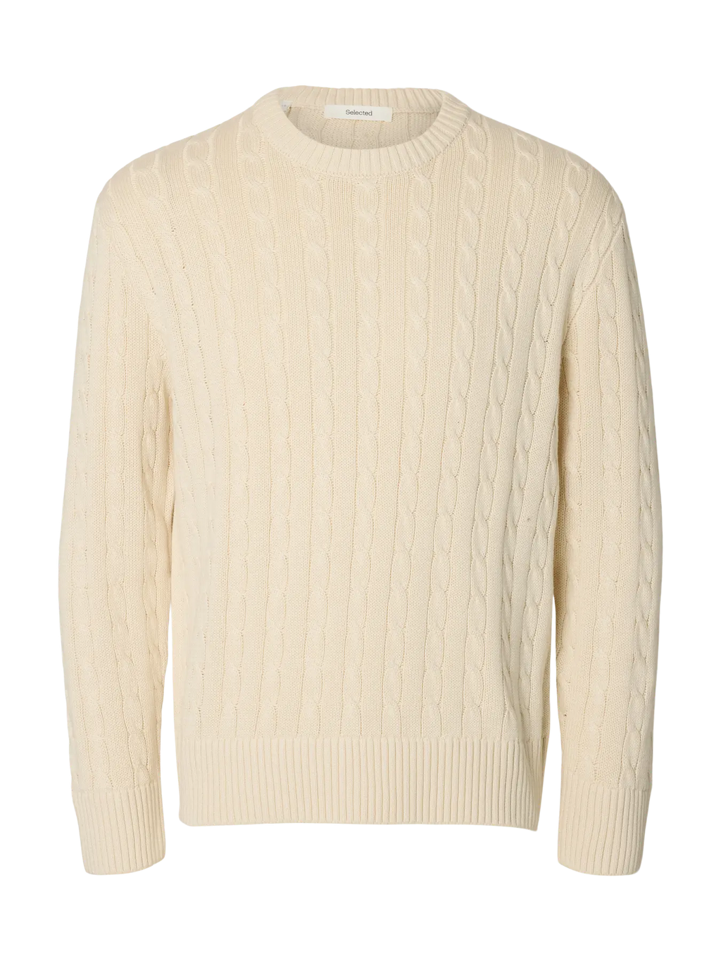 Miesten SLMBraun Cable Knit -palmikkoneule 100 % luomupuuvillasta. Pyöreä pääntie, pitkät hihat ja normaali istuvuus.