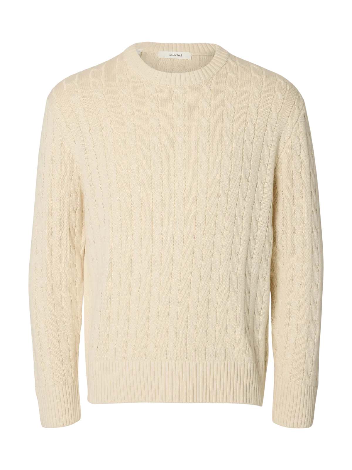 Miesten SLMBraun Cable Knit -palmikkoneule 100 % luomupuuvillasta. Pyöreä pääntie, pitkät hihat ja normaali istuvuus.