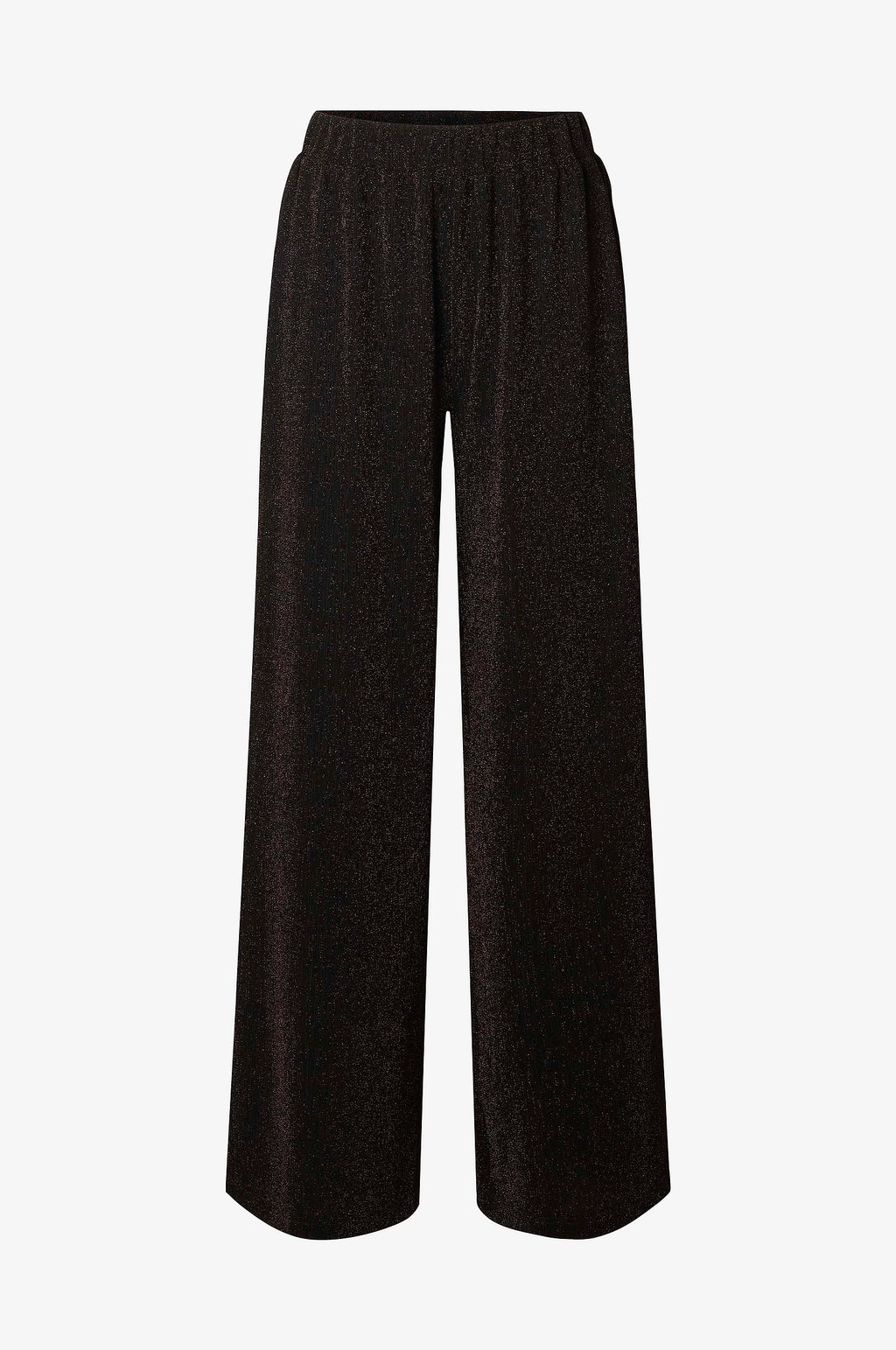 Selected Anja Relaxed Pants – korkeavyötäröiset ja leveälahkeiset housut. Rennon istuvuuden viimeistelee hienovaraisesti kimaltava pinta.