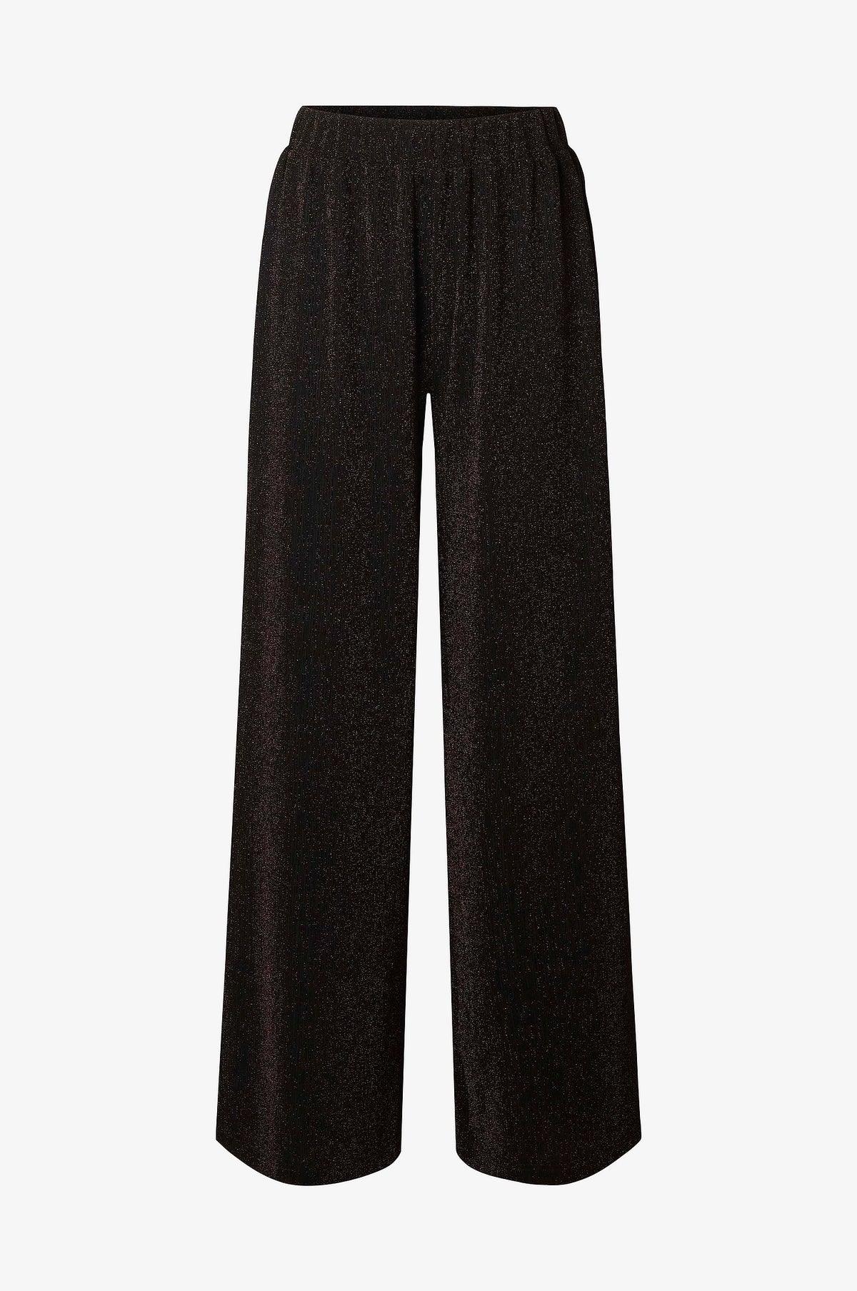 Selected Anja Relaxed Pants – korkeavyötäröiset ja leveälahkeiset housut. Rennon istuvuuden viimeistelee hienovaraisesti kimaltava pinta.
