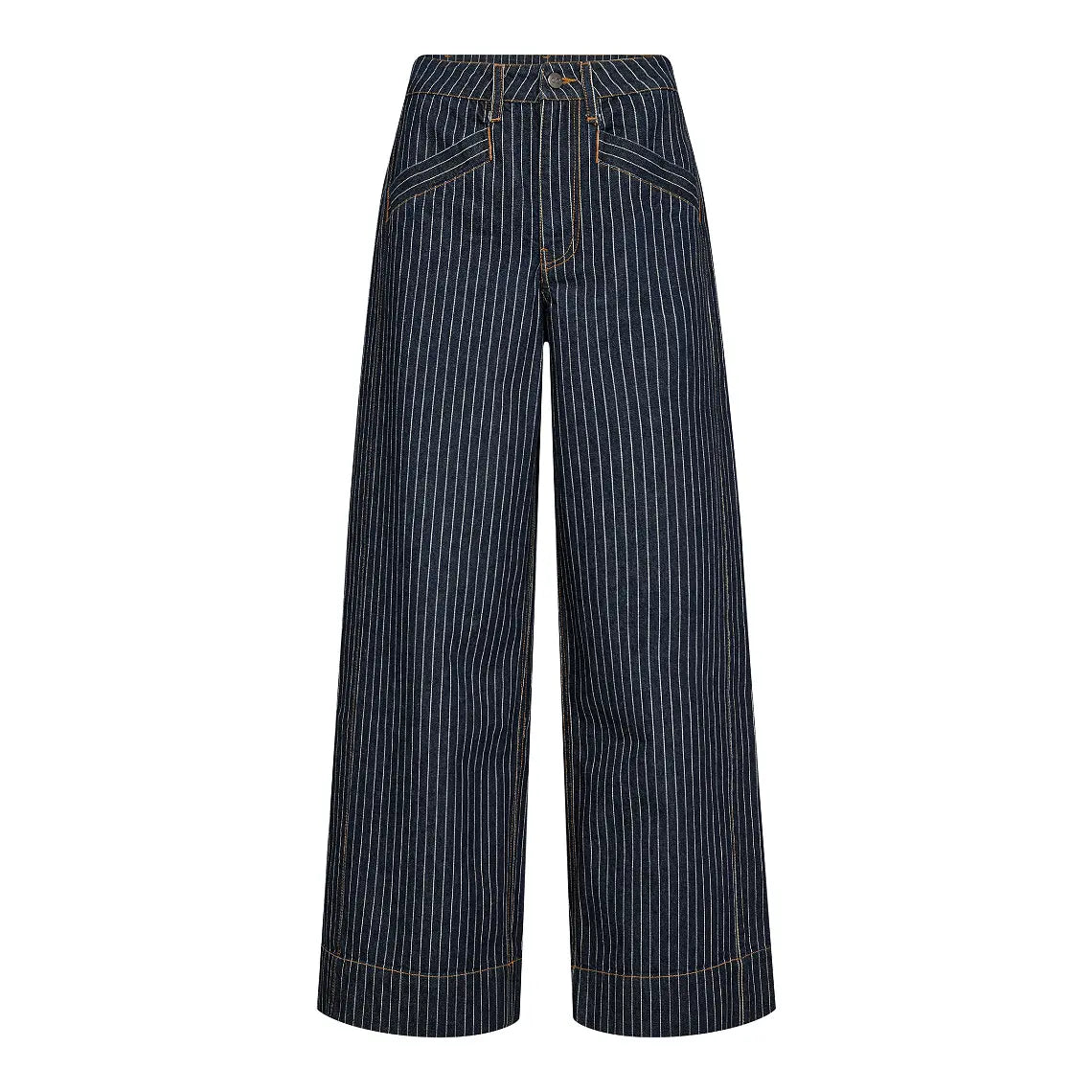 Co’Couture SiggaCC Stripe Pant on tummansininen raidallinen farkkumalli korkealla vyötäröllä ja täyspitkillä, leveillä lahkeilla.
