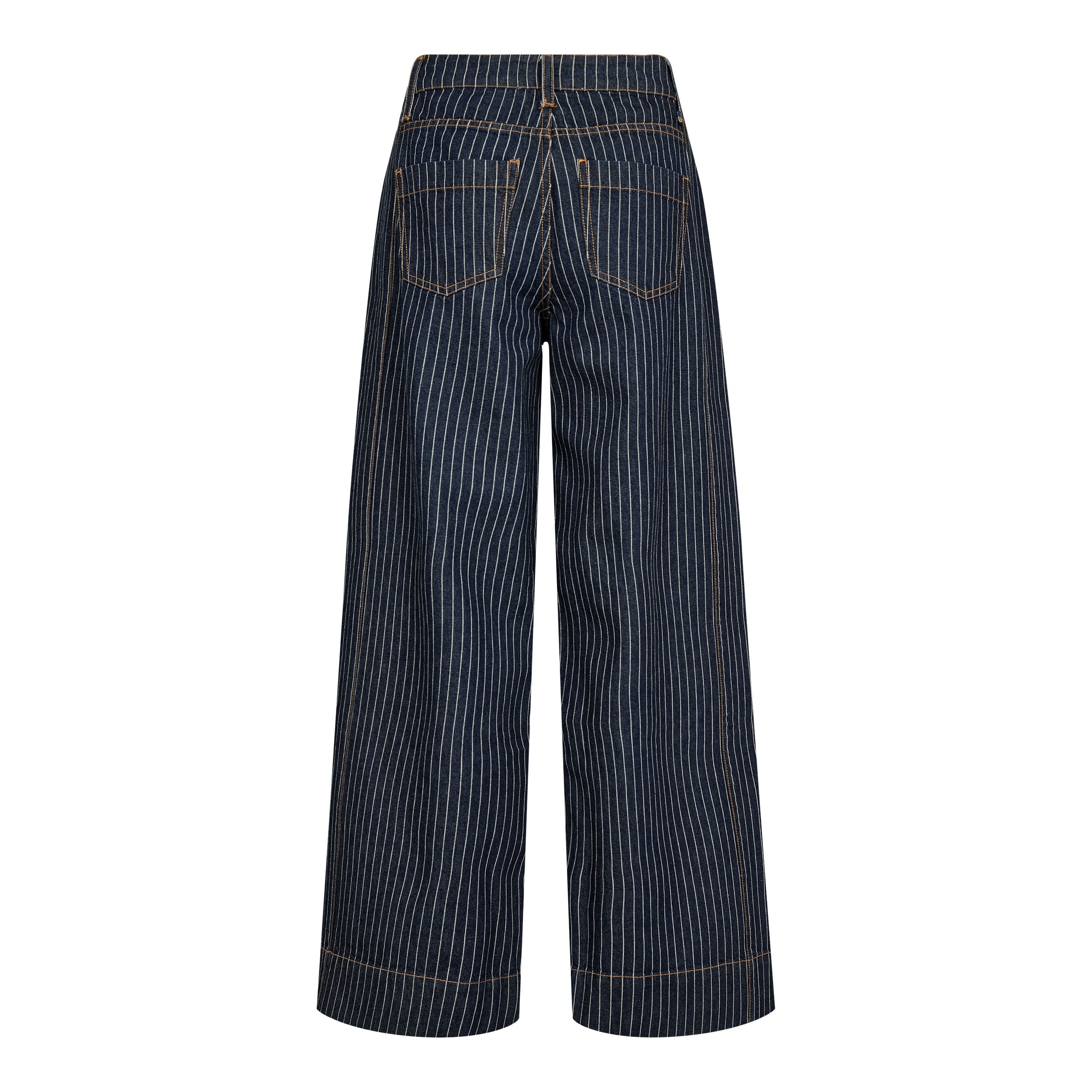 Co’Couture SiggaCC Stripe Pant on tummansininen raidallinen farkkumalli korkealla vyötäröllä ja täyspitkillä, leveillä lahkeilla.