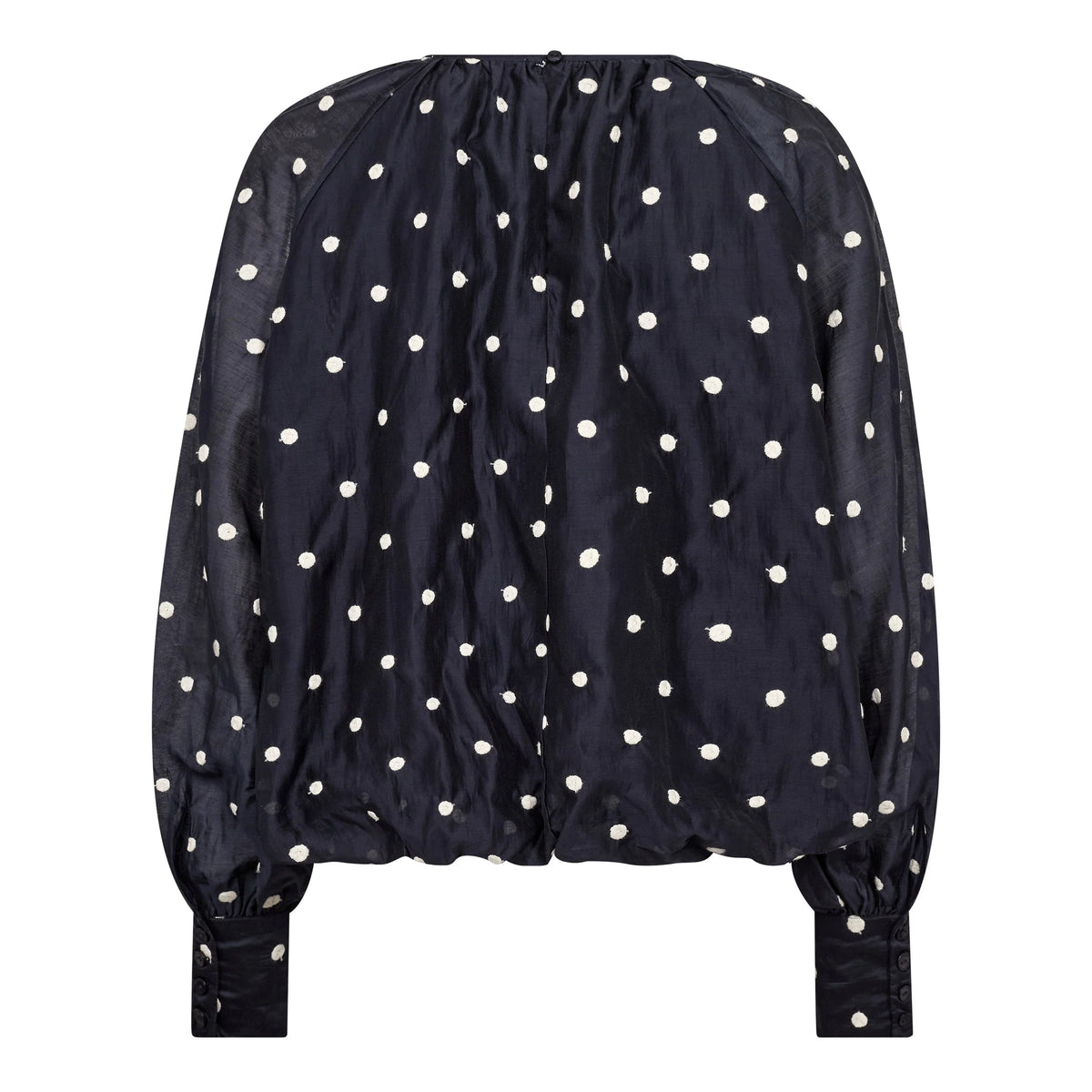 Co’Couture DitaCC Dot Balloon Blouse on tummansininen pusero valkoisella kirjailulla. Väljä malli, pallohihat ja kauniit rypytysdetaljit.